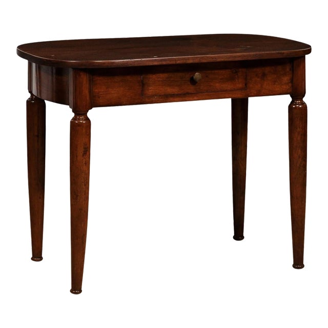Italian Walnut 1890s Side Table with Oval Top, One Drawer and Cylindrical Legs For Sale