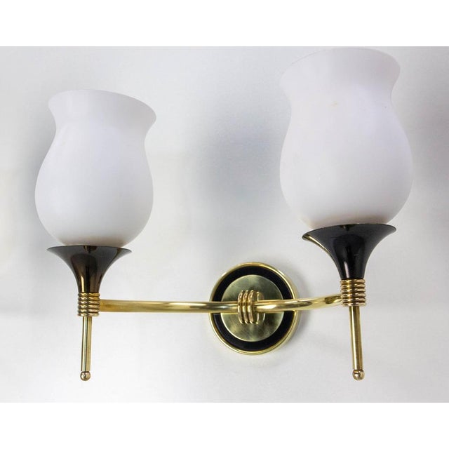 French Double Sconces in Brass and Black Metal with Opaline Glass Shades, 1960s, Set of 2 For Sale - Image 10 of 15