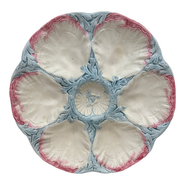 19th Century Majolica Pink & Blue Oyster Plate Gien For Sale