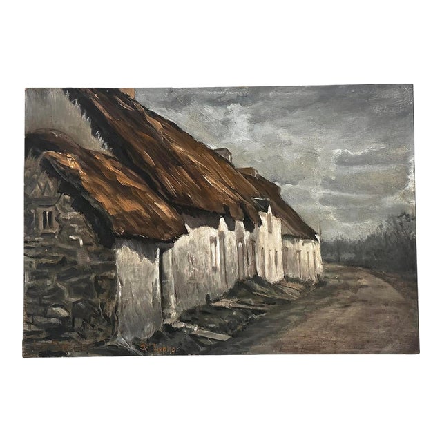 Early 1900's Vintage French Village Scene Oil Painting on Board, Signed S. Lyphor For Sale