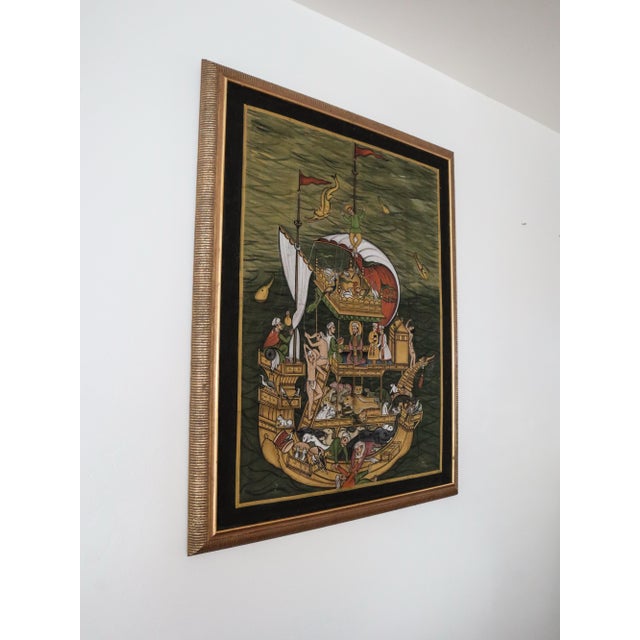 Textile Original Hand-Painted Silk Art - Noah’s Ark Religious Illustration- Large Vintage Gold-Framed Maritime Scene For Sale - Image 7 of 12
