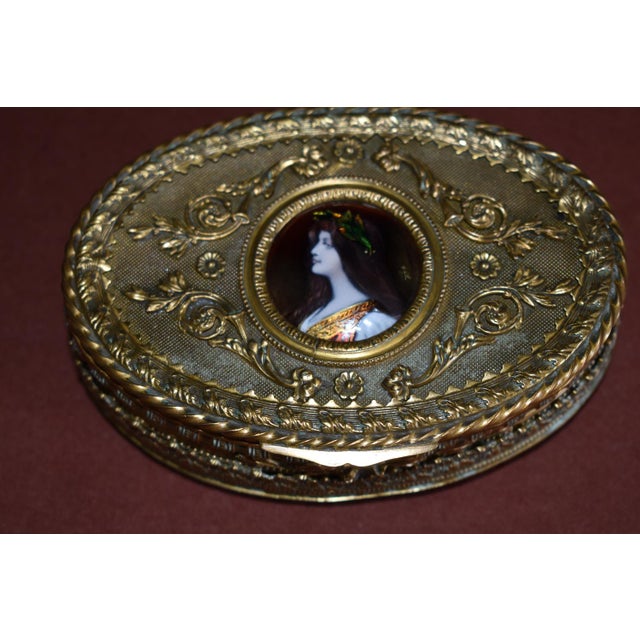 Antique Bronze Casket Box French Ormolu Jewelry Hand Painted Enamel Portrait For Sale - Image 9 of 18