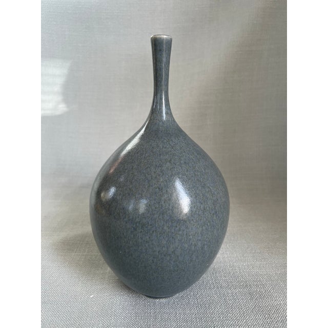 Vintage Scandinavian Modern Mottled Blue Glazed Vase Signed by Swedish Ceramist Gunnar Hartman (B. 1949) For Sale - Image 9 of 11
