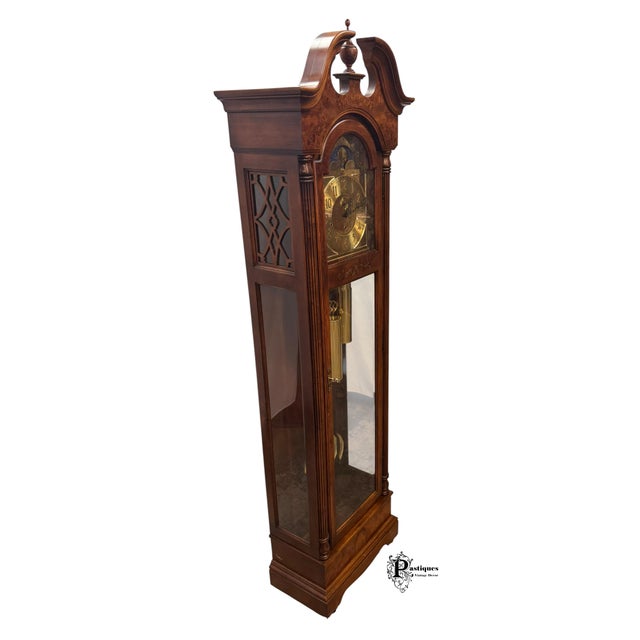 Brown Vintage Howard Miller Traditional American Style Mahogany & Burl Wood Grandfather Clock For Sale - Image 8 of 11
