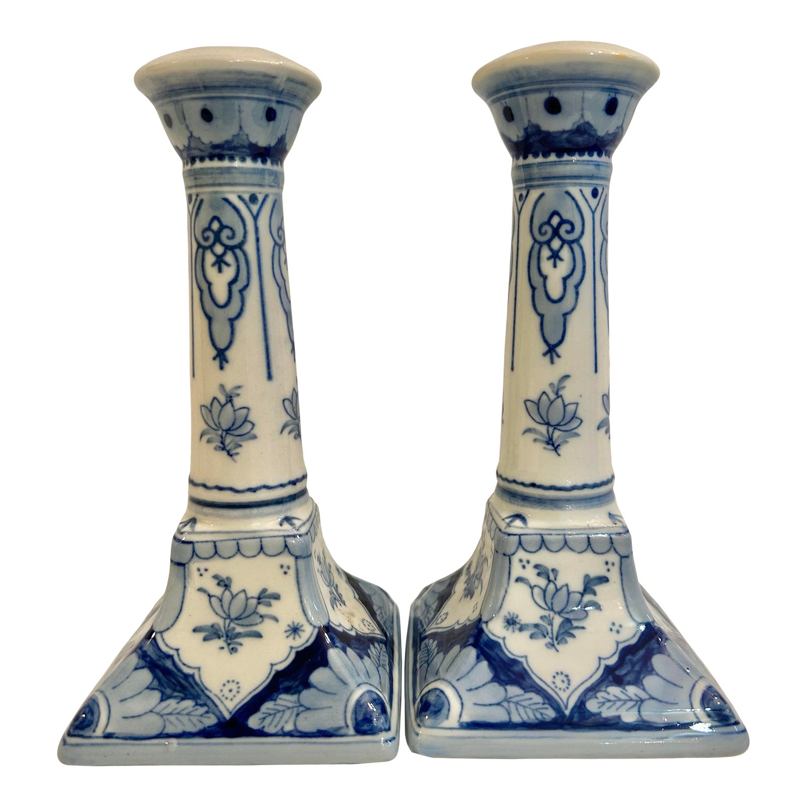 Vintage Blue and White Delft Style Candlesticks - A Pair | Chairish