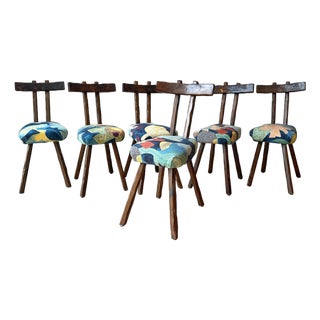 1950s French Brutalist Primitive Upholstered Chairs, Set of 6 For Sale