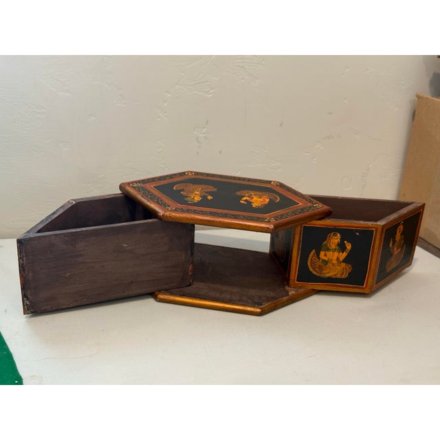 Brown Vintage Hexagonal Hand Painted Wooden Indian Box Hidden Compartments For Sale - Image 8 of 12