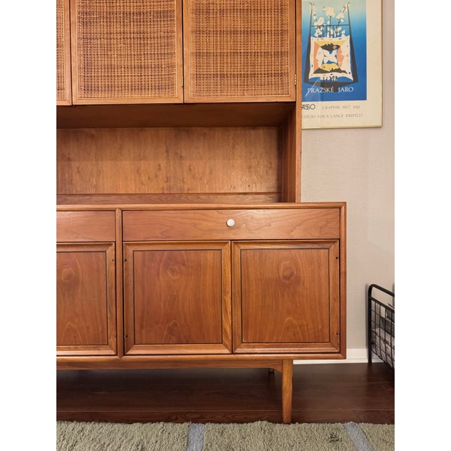 A Beautiful Mid Century Modern Walnut and Cane Hutch Designed by Kipp Stewart for Drexels “Declaration” Line, Circa 1960s For Sale - Image 12 of 12