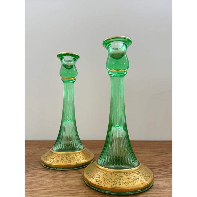 Art Deco Set of 2 Antique Green Glass Candles For Sale - Image 3 of 5