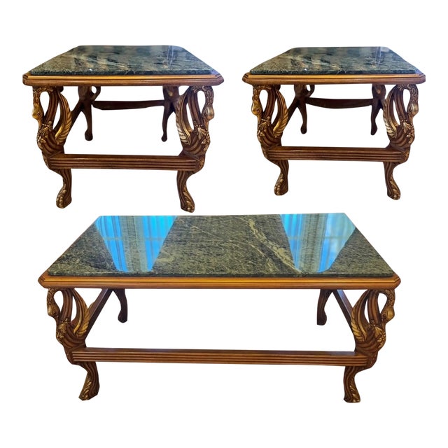 1990s Italian Galimberti Lino Neoclassical Revival Swan Marble Top 3p Coffee Table Set For Sale