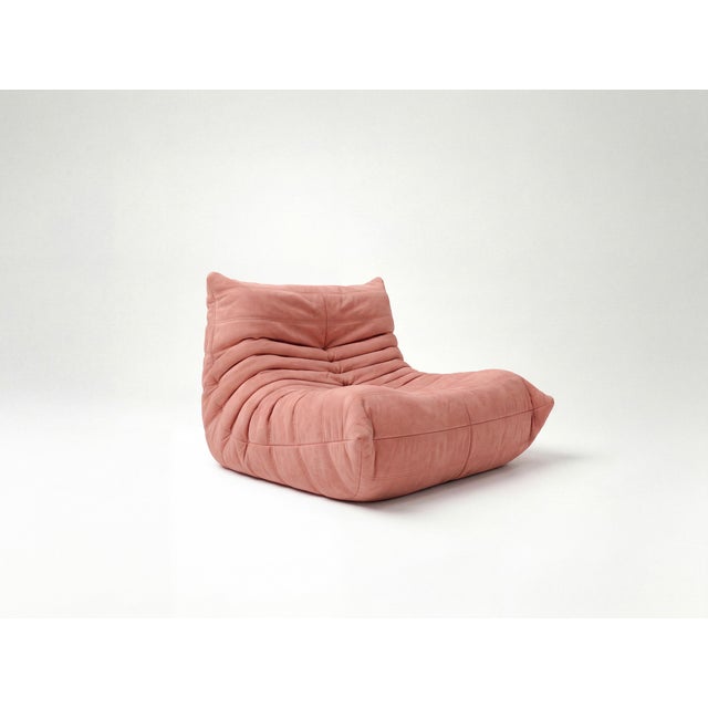 Refurbished single seat togo sofa – pink microfiber pre-owned, independently refurbished and professionally reupholstered...