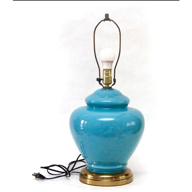 Glass Vintage Teal and Brass Lamp For Sale - Image 7 of 8