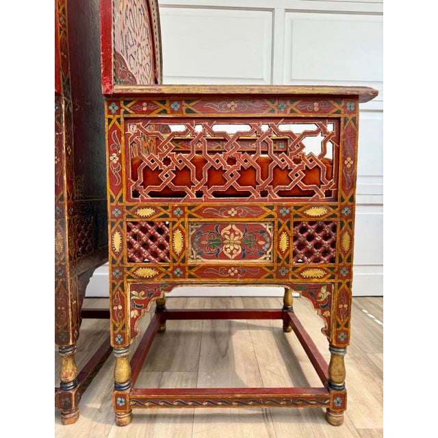 Vintage Moroccan Hand-Painted Carved Wood Throne Chairs - Pair For Sale - Image 9 of 18