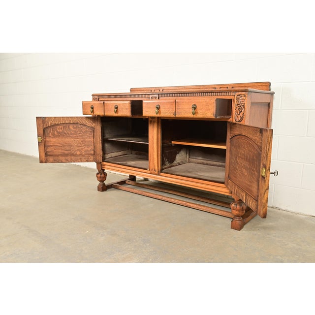 Berkey & Gay Style Antique English Jacobean Carved Oak Sideboard Buffet or Bar Cabinet, Circa 1920s For Sale In South Bend - Image 6 of 16