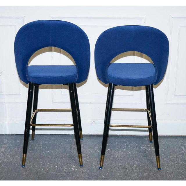 Blue Velvet Bar Chairs with Gold Detail on the Frame For Sale - Image 4 of 10