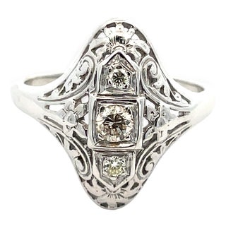 Mid 20th Century 14k White Gold Diamond Filigree Ring, Size 7.25 For Sale