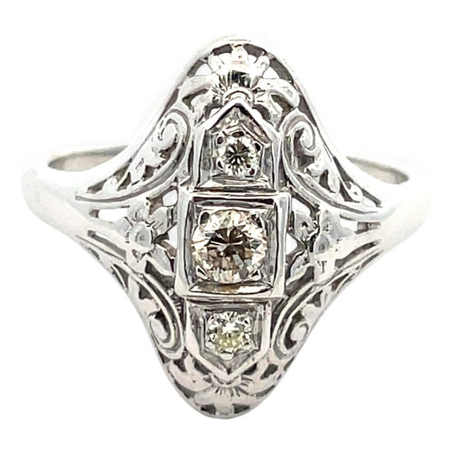 Mid 20th Century 14k White Gold Diamond Filigree Ring, Size 7.25 For Sale