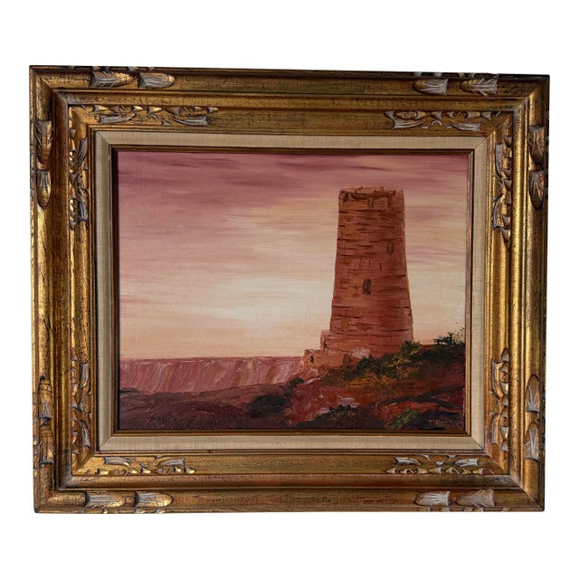 1975 T. Cook Grand Canyon Watchtower Landscape Oil on Canvas Painting, Framed For Sale