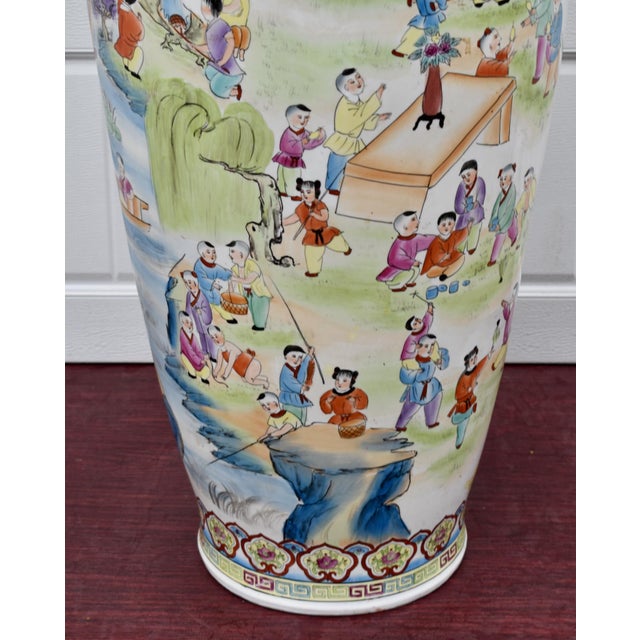 Vtg. Large Size Chinese Floor Vase W/Painted Children Playing "100 Children" For Sale - Image 10 of 17