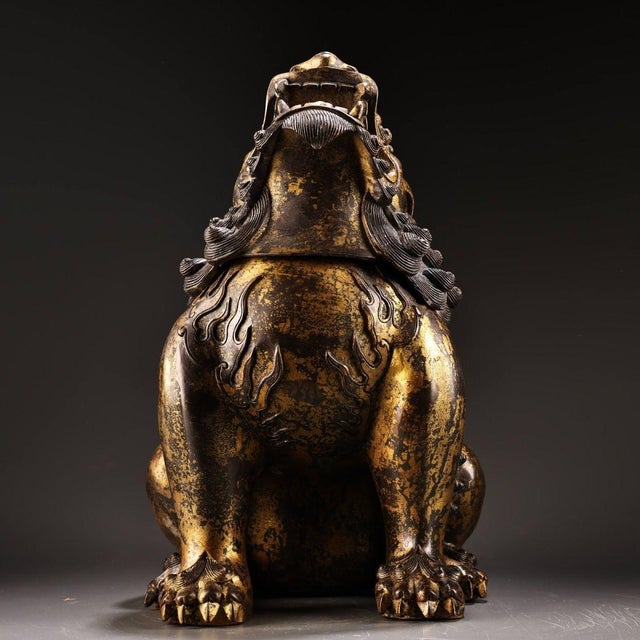 Monumental Vintage Gilt Bronze Guardian Lion Censer - Asian Mythical Beast Incense Burner For Sale - Image 4 of 9