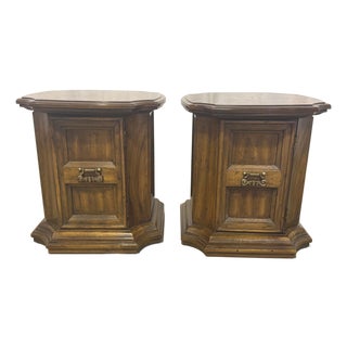 Vintage Drexel Mediterranean Walnut End Tables With Storage – A Pair For Sale
