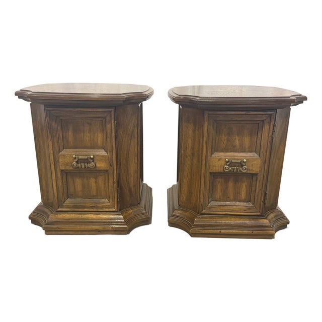 Vintage Drexel Mediterranean Walnut End Tables With Storage – A Pair For Sale
