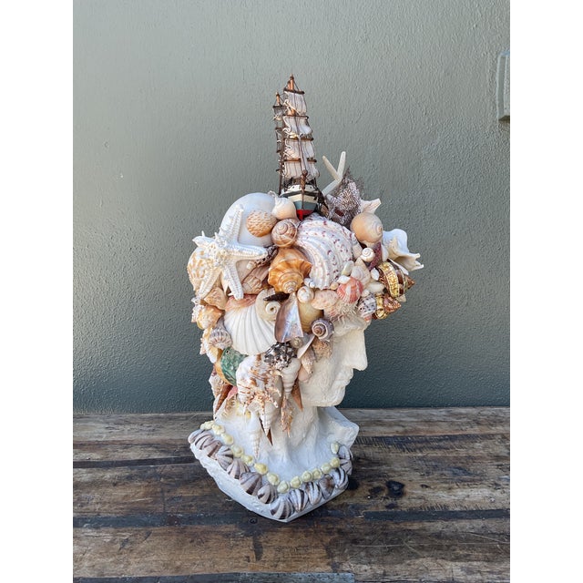 Vintage Shell Encrusted Bust of Man With Sailing Ship For Sale - Image 10 of 12