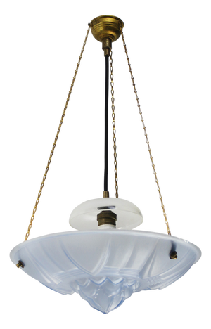 French Art Deco Brass and Blue Etched Glass Pendant Light, 1920s