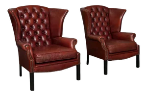 1950s Vintage English Pair of Leather Clubhouse Wingback Chairs