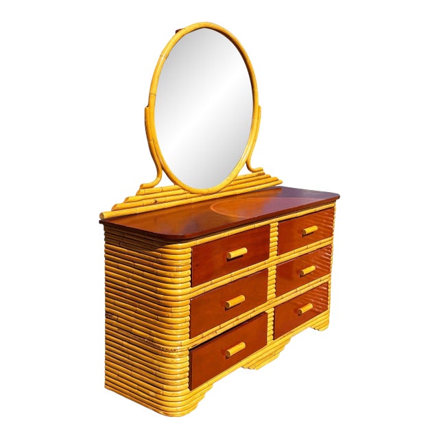 1930s Restored Paul Frankl Style Stacked Rattan & Mahogany Lowboy Dresser W/ Mirror For Sale