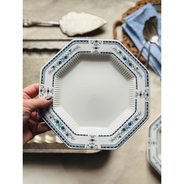 Early 20th Century Vintage Nikko Newport Octagon Plates 8.25 Inch Diameter - Blue Floral Japan Classic Collection - a Pair For Sale - Image 5 of 7