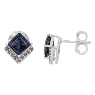 925 Silver Square Cut Iolite Gemstone Stud Earrings With Diamond- A Pair For Sale