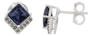 925 Silver Square Cut Iolite Gemstone Stud Earrings With Diamond- A Pair