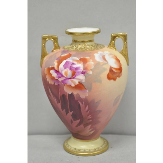 Antique Nippon Hand Painted Porcelain Small Pink Floral Vase W Gold Twin Handles For Sale - Image 12 of 12
