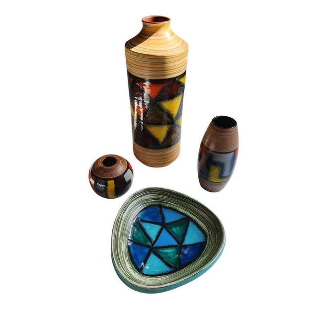 Mid-Century Black, Blue, Orange and Yellow Vetrata Vases and Bowls by Aldo Londi for Bitossi, Italy, Set of 16 For Sale - Image 18 of 18