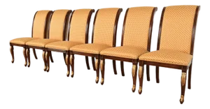 Baker Furniture Style Regency Carved Mahogany and Gold Gilt Dining Chairs, Set of Six