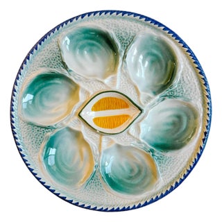 1960s French Saint Clément Majolica Green & Yellow Lemon Wedge Oyster Plate For Sale