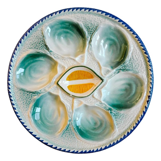 1960s French Saint Clément Majolica Green & Yellow Lemon Wedge Oyster Plate For Sale