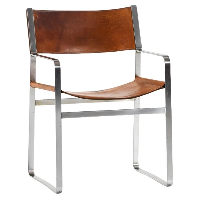 Armchair in Steel and Original Leather attributed to Hans Wegner, 1970s For Sale