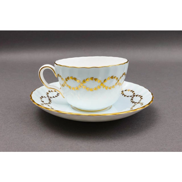 Contemporary Late 20th Century Minton England S600 Gold Laurel Leaves Light Blue Tea Cup & Saucer Set- 8 Pieces For Sale - Image 3 of 10