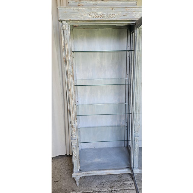 Wood 1930s Vitrine Cabinet, French Bluish Display Cabinet/ Case, Cracked / Peeling Finish For Sale - Image 7 of 18
