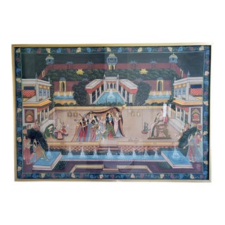 Large Painting on Silk, 1940s Indian Rajasthani Figurative, Framed For Sale
