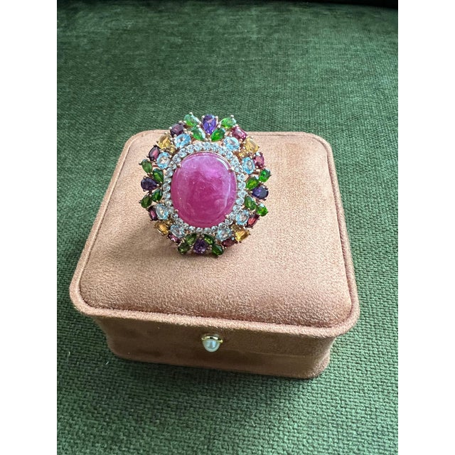 Pink Bochic “Orient” Vintage Ruby, Sapphire & Multi Gem Ring - 18K Gold & Silver For Sale - Image 8 of 15