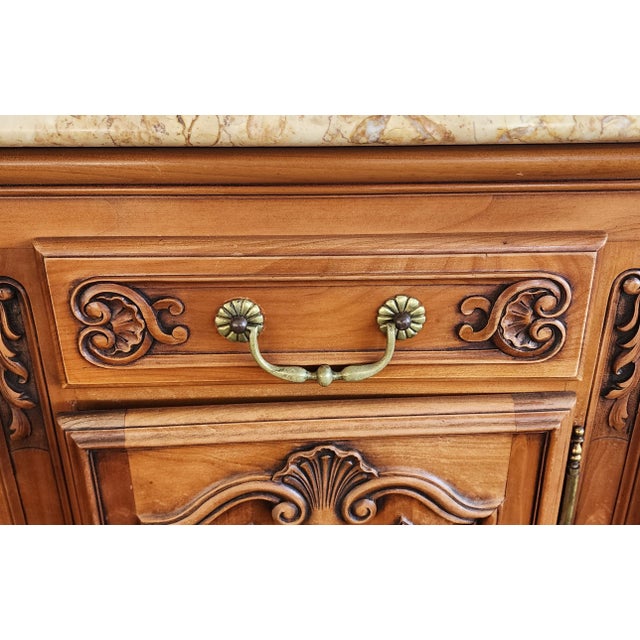 Palatial Solid Cherry Country French Provincial Marble Top Dining Room Sideboard Buffet C1960s For Sale - Image 11 of 12