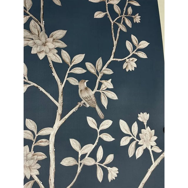 Chinoiserie Hand-Painted Midnight Black Floral & Bird Wall Panels, Set of 6 For Sale - Image 3 of 4