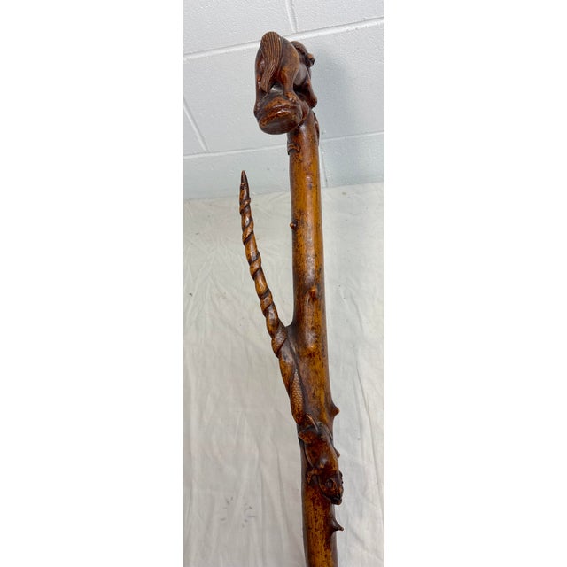 19th Century Large Antique 1800's Chinese Foo Dog Carved Wood Folk Art Walking Stick Cane For Sale - Image 5 of 18