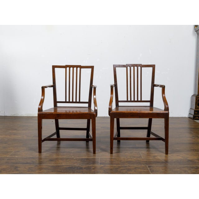 English Pair of English Early 19th Century Plank Seat Chairs with Scrolling Arms For Sale - Image 3 of 12