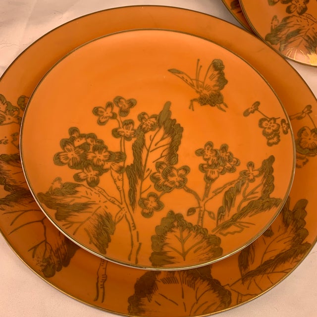Chinoiserie Mid 20th Century Chinoiserie Dorothy C. Thorpe "Persimmon" Orange & Gold Butterfly Plates - Set of 10 For Sale - Image 3 of 7