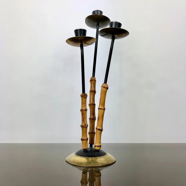 Bamboo & Brass Candleholder, Italy, 1970s For Sale - Image 4 of 8
