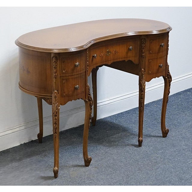 VINTAGE ANTIQUE Solid Walnut Louis XV French Provincial 42" Kidney Vanity Table w. Hand Painted Floral Accents 30" High...